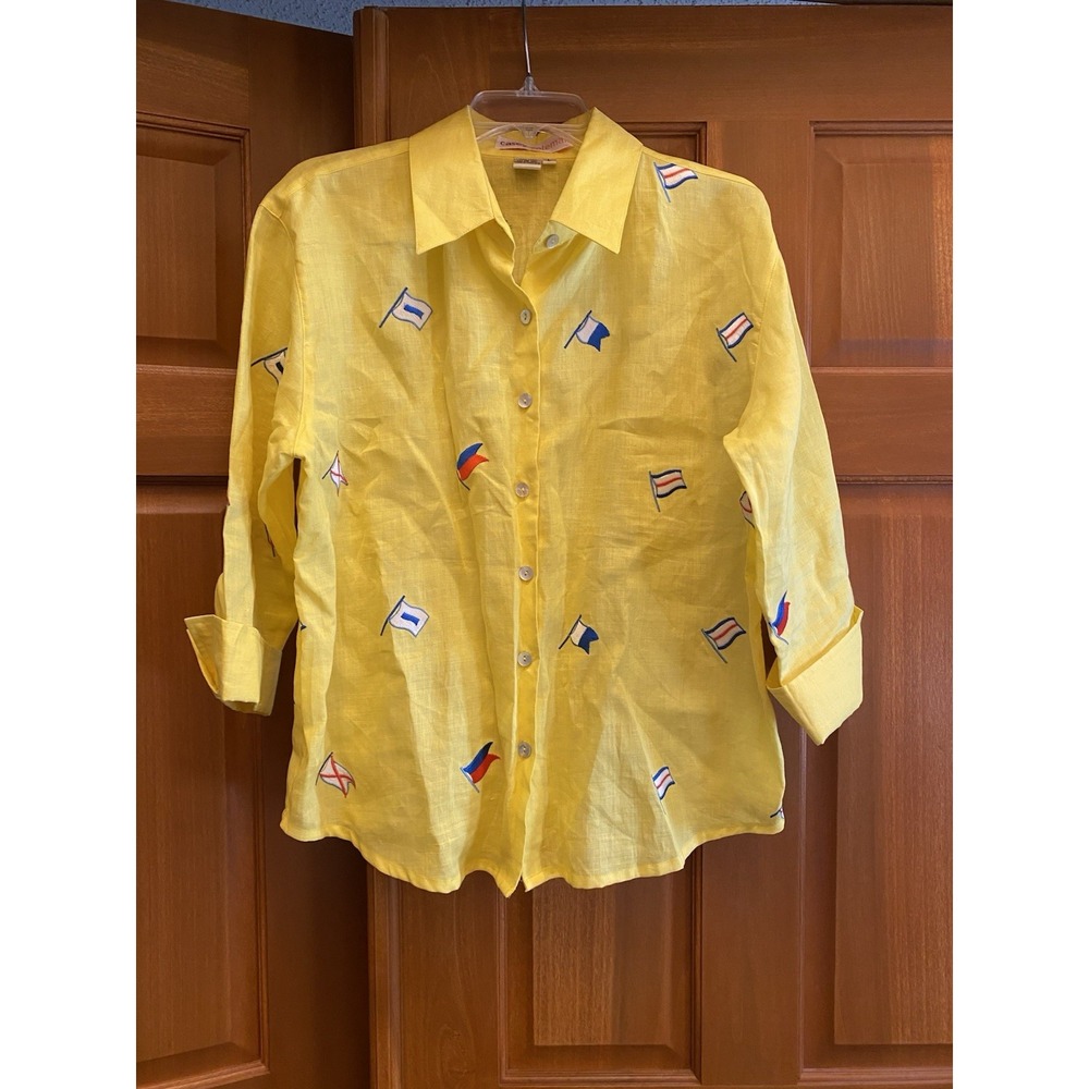 Casey Coleman Women Large Yellow 100% Linen Blouse Nautical Flags Resort wear